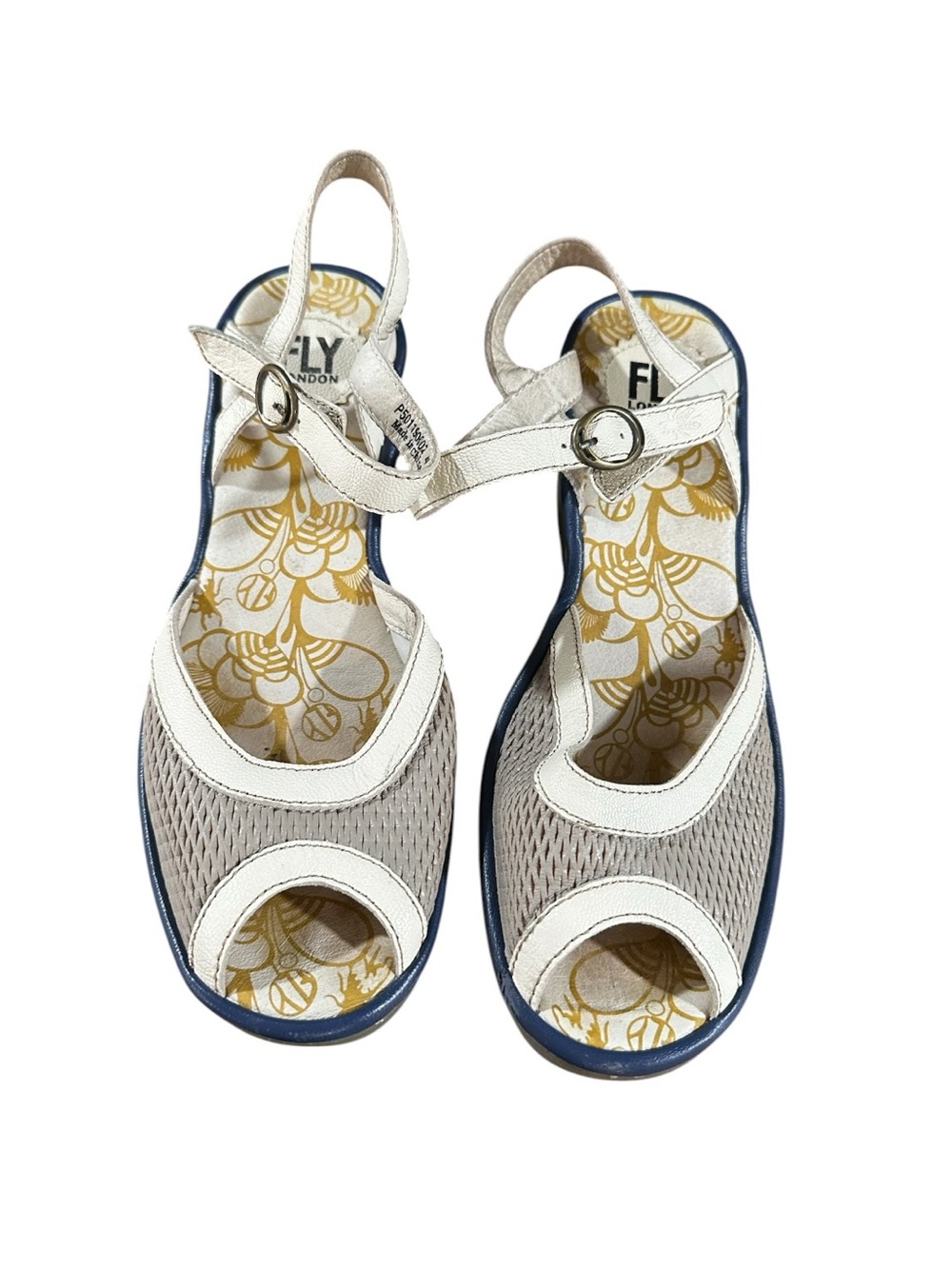 Fly London Cream and Taupe Open-Toe Slingback Sandals